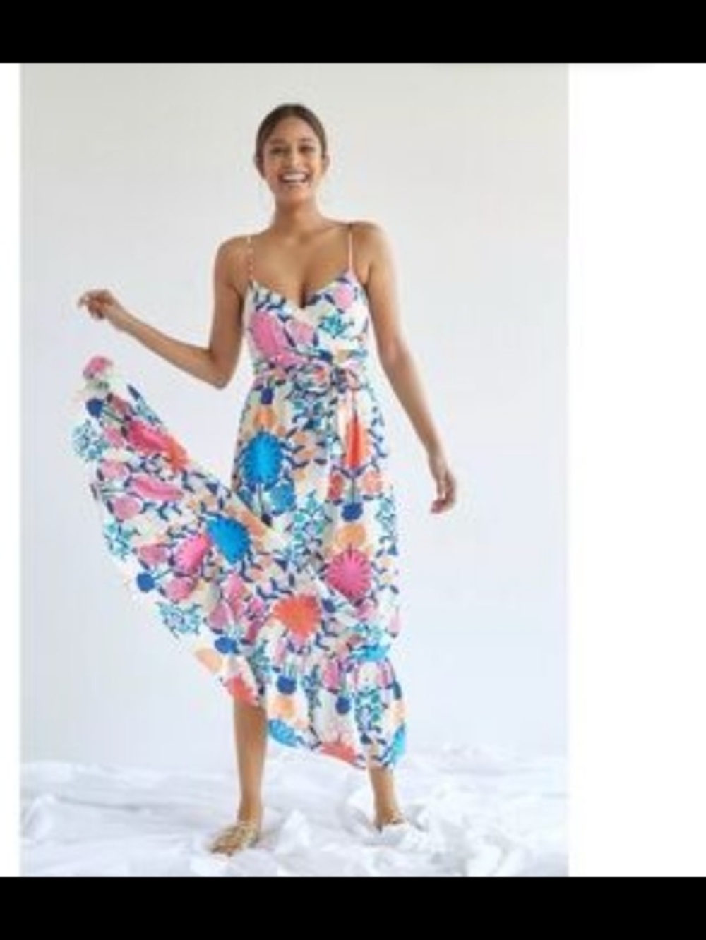 Anthropologie Floral Maxi Dress in White with Pink, Blue, Orange Accents